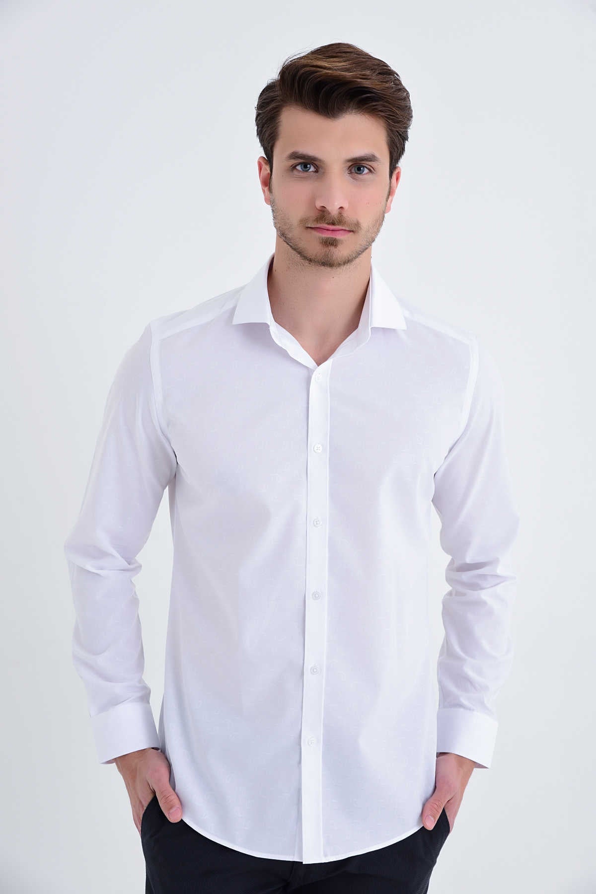 A crisp white men’s dress shirt with a classic collar and button-down front.