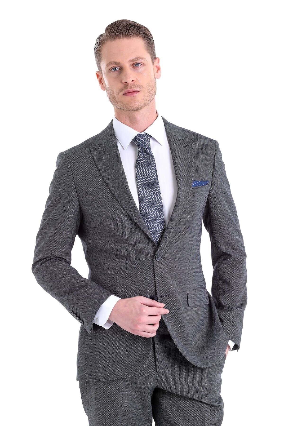 A sharply tailored charcoal gray suit with a subtle checkered pattern, featuring a matching blazer and trousers.