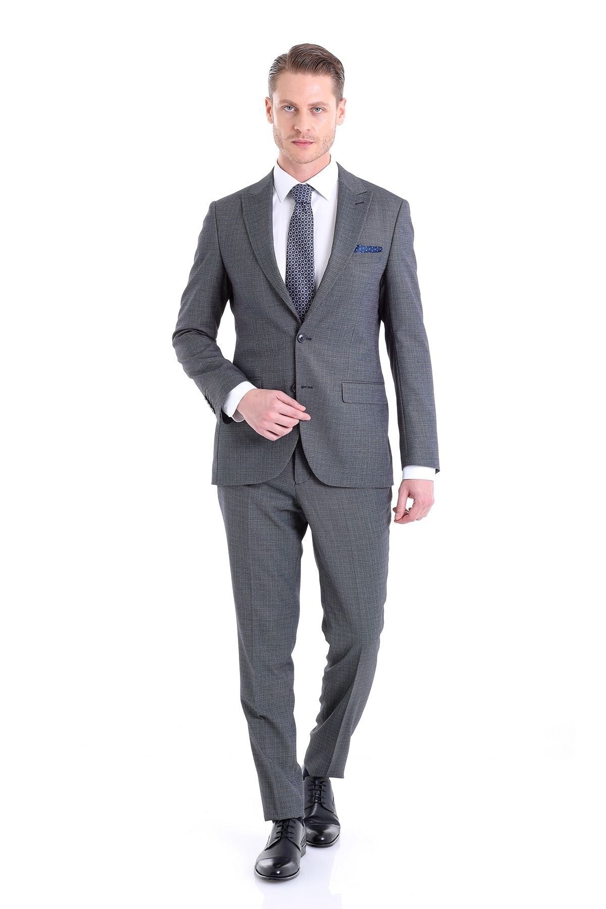 A sharp gray checkered suit with a matching blazer and trousers, featuring subtle texture and tailored fit.
