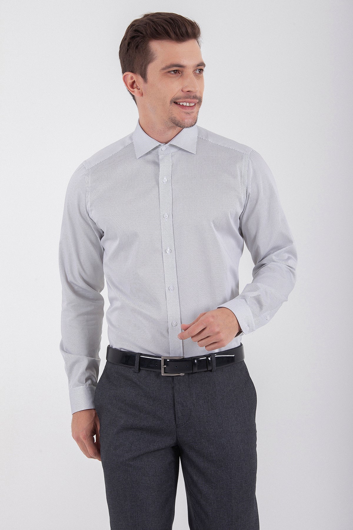 Slim Fit Dot Printed 100% Cotton Gray Dress Shirt - SAYKI