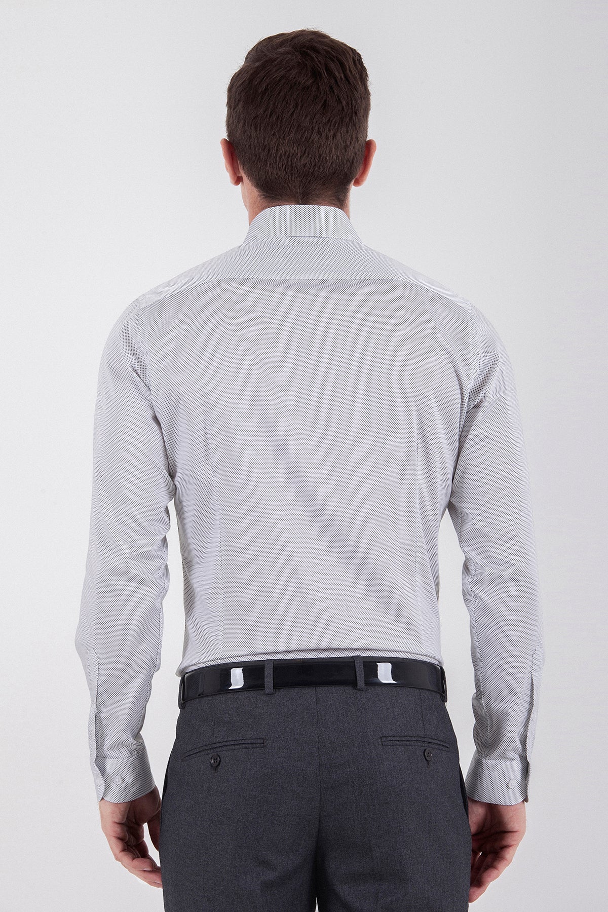 Slim Fit Dot Printed 100% Cotton Gray Dress Shirt - SAYKI