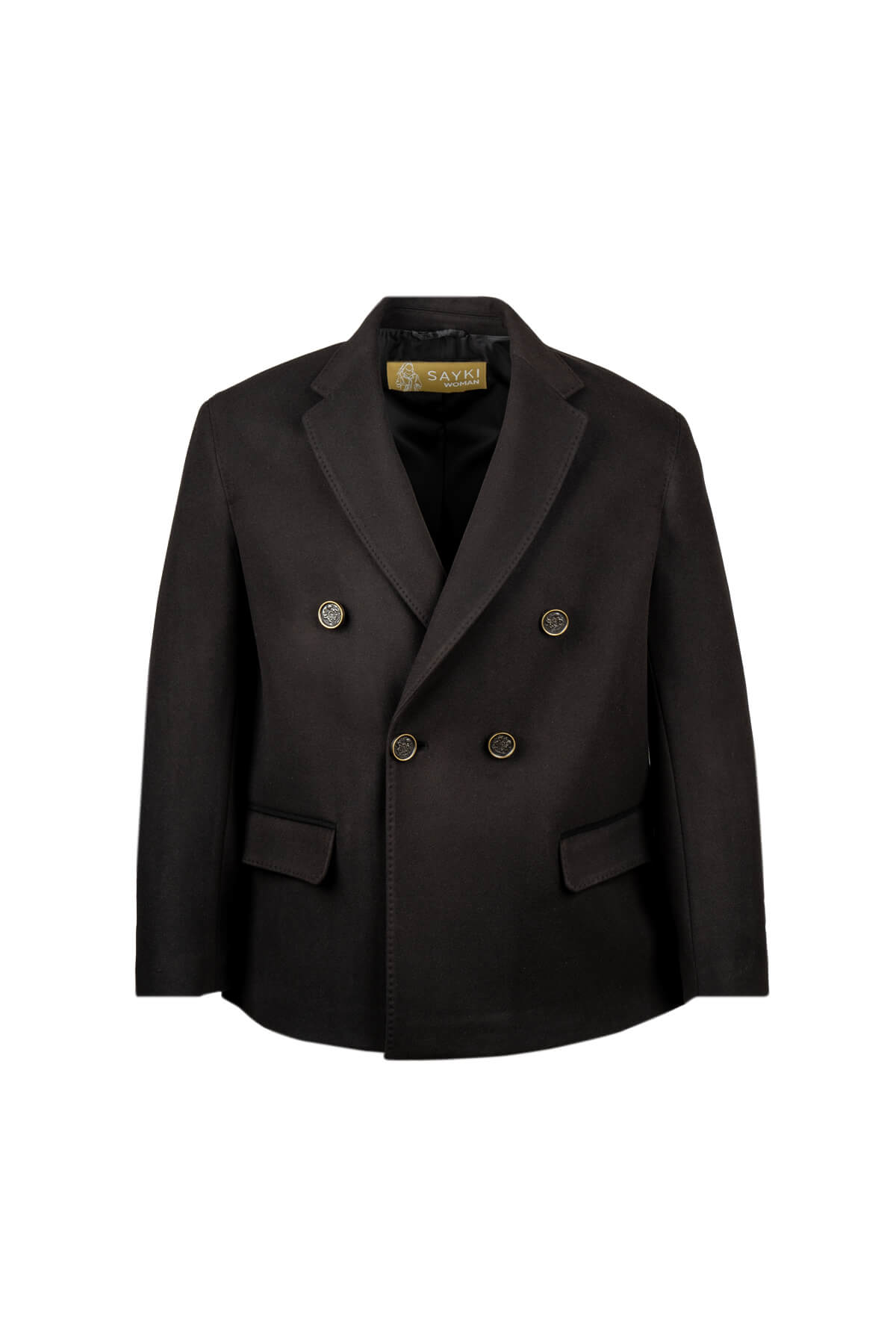 Black double-breasted blazer with gold-toned buttons and a structured fit.