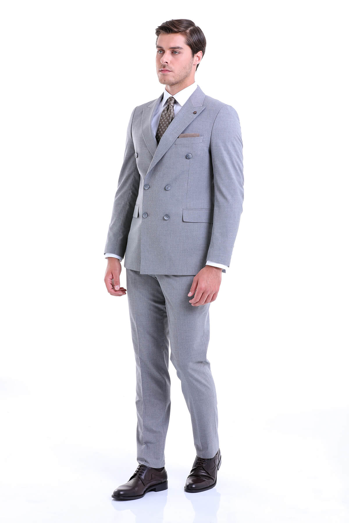 Slim Fit Double Breasted Gray Striped Casual Suit - SAYKI