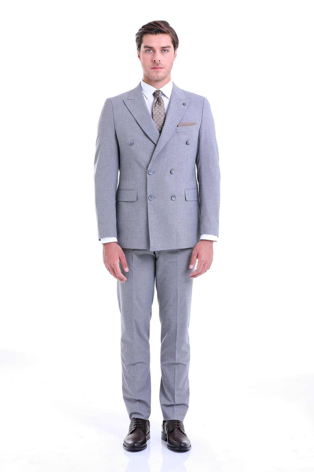 Slim Fit Double Breasted Gray Striped Casual Suit - SAYKI