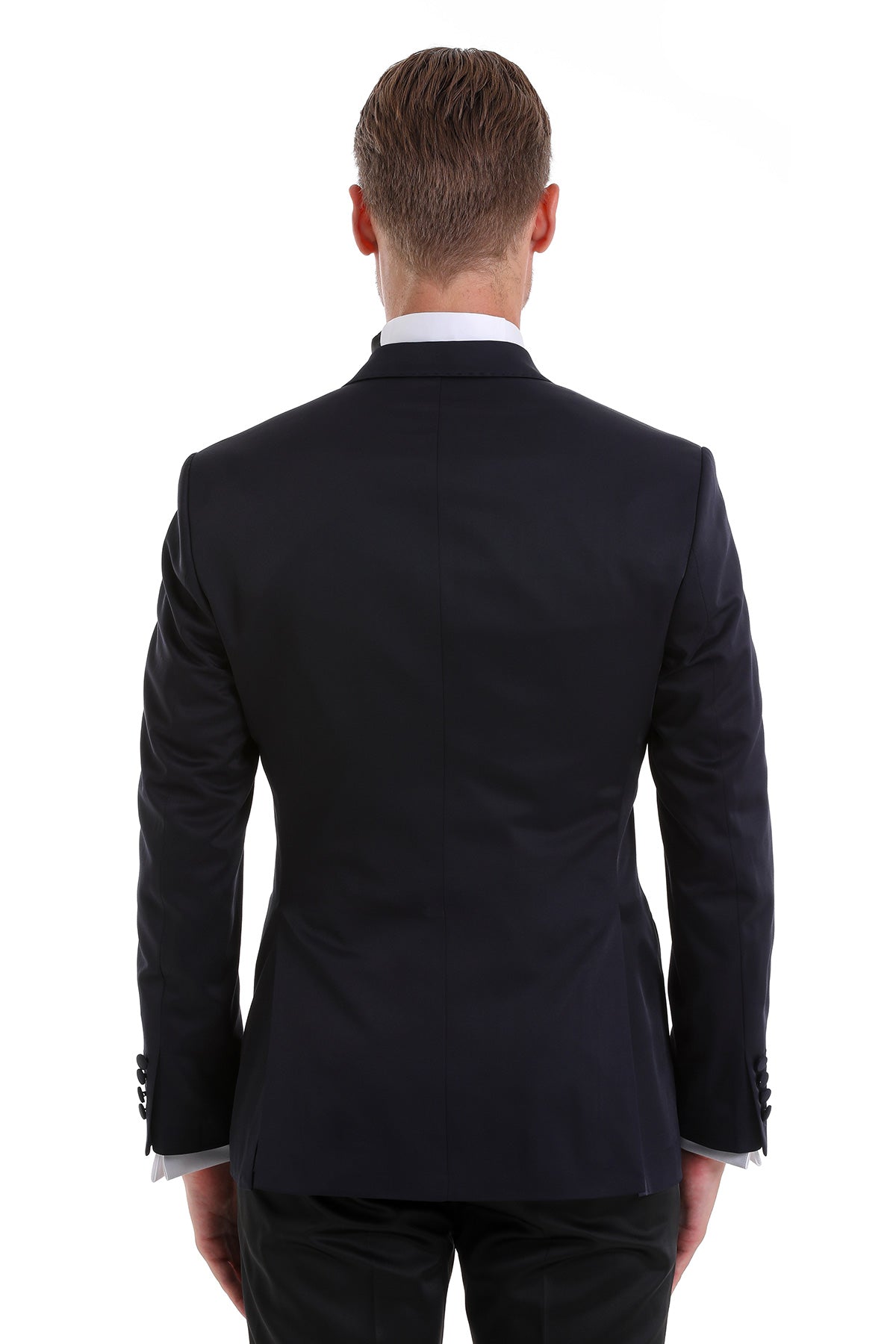 Black tailored slim fit suit jacket with notched lapels and subtle texture from slim fit double breasted navy tuxedo suit