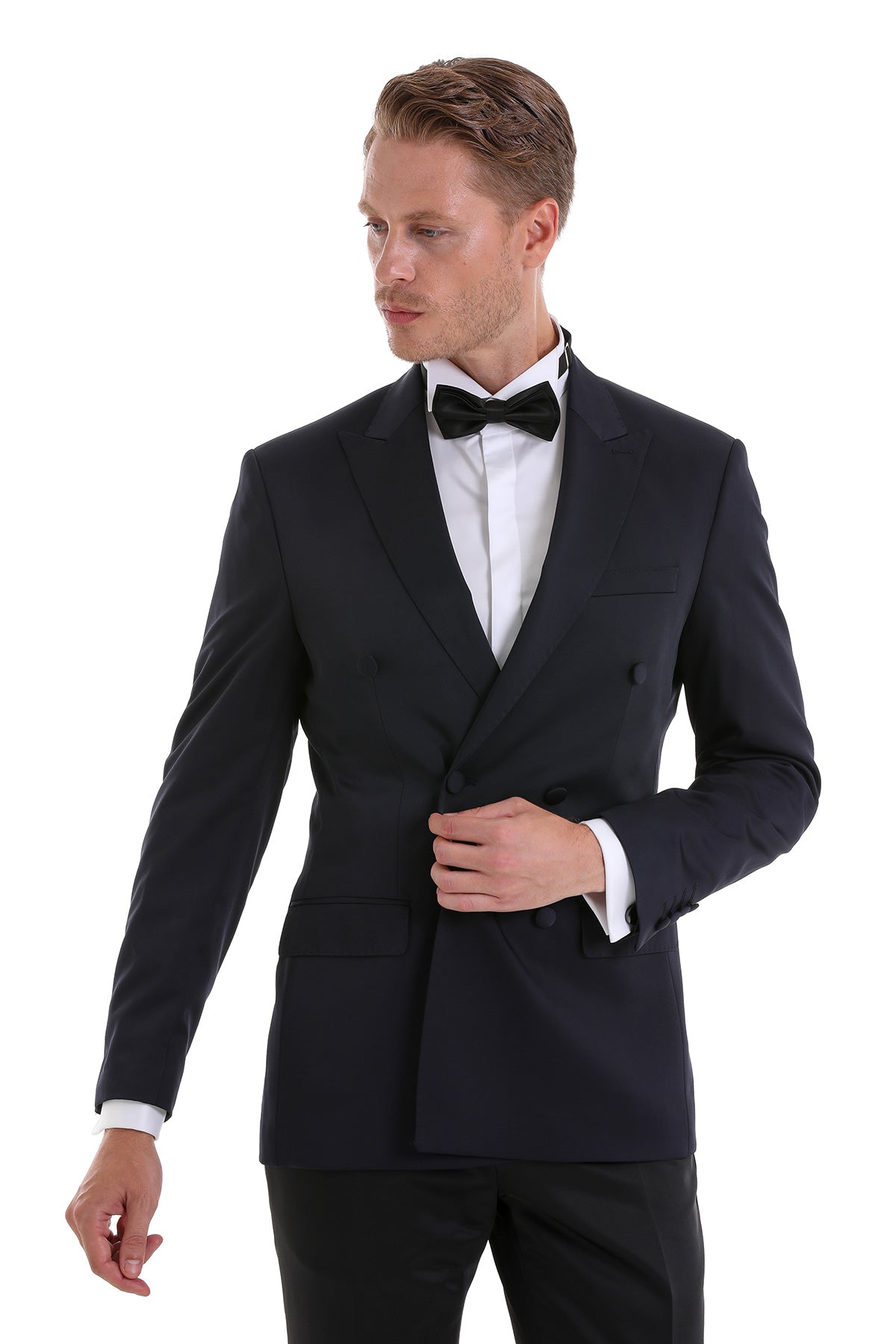 Black slim fit tuxedo jacket with notched lapels and single-breasted design for classic formal wear