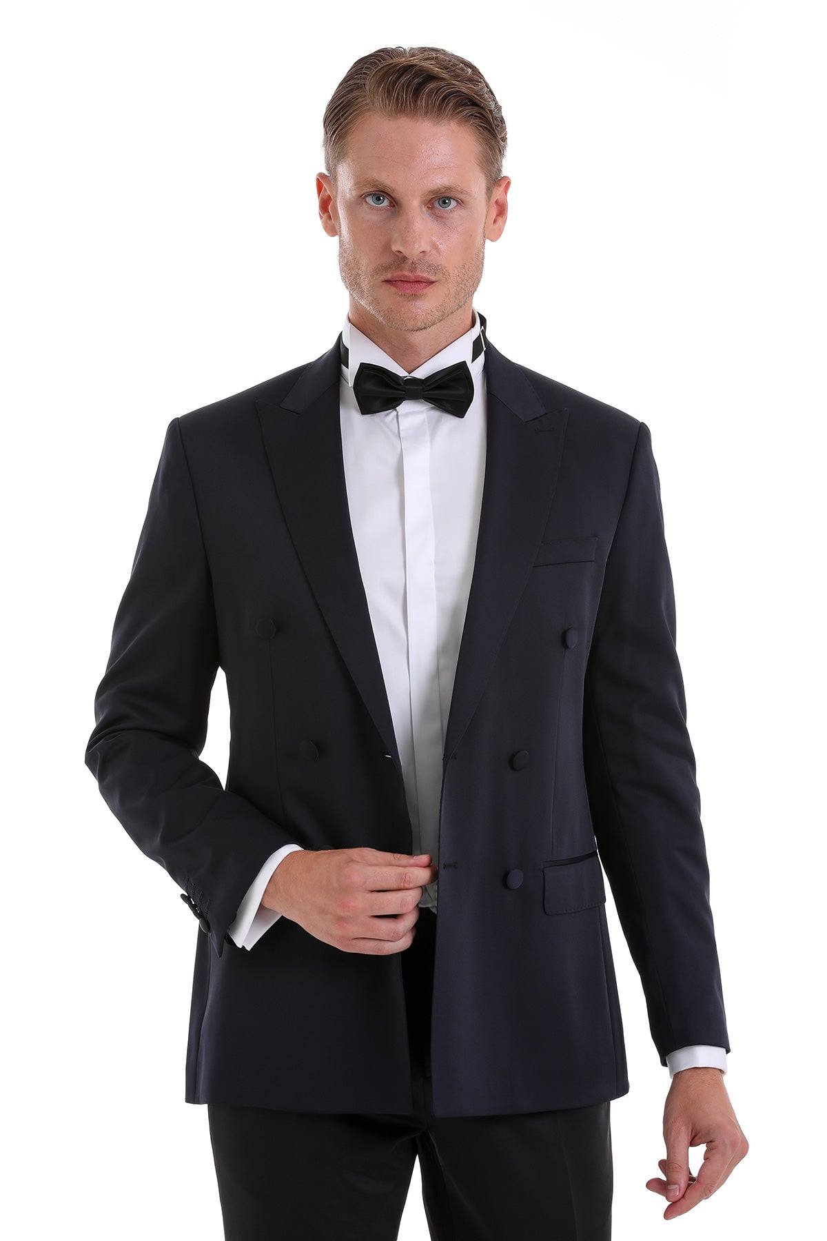 Black slim fit double breasted tuxedo jacket with notched lapels and satin trim for classic formal wear