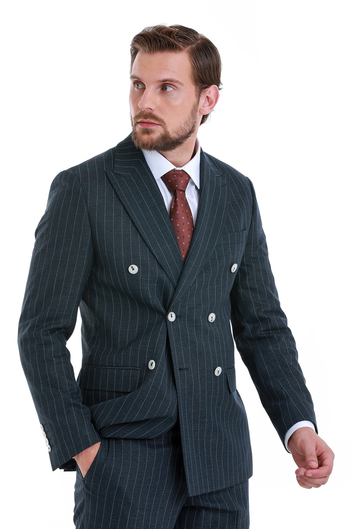 Slim Fit Double Breasted Navy Striped Casual Suit - SAYKI
