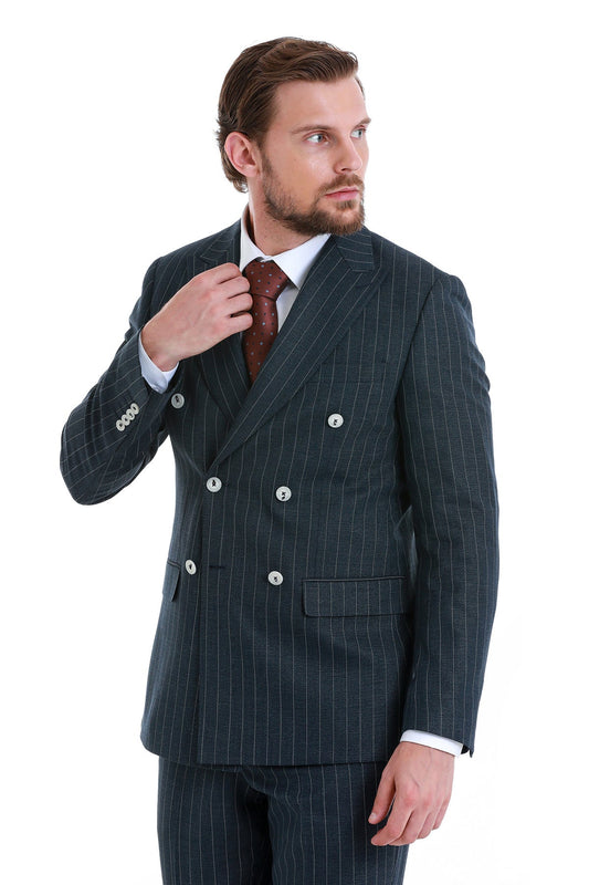 Slim Fit Double Breasted Navy Striped Casual Suit - SAYKI