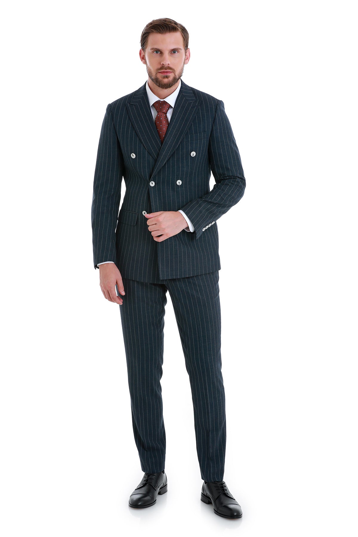 A dark navy double-breasted suit with thin vertical pinstripes and white buttons.