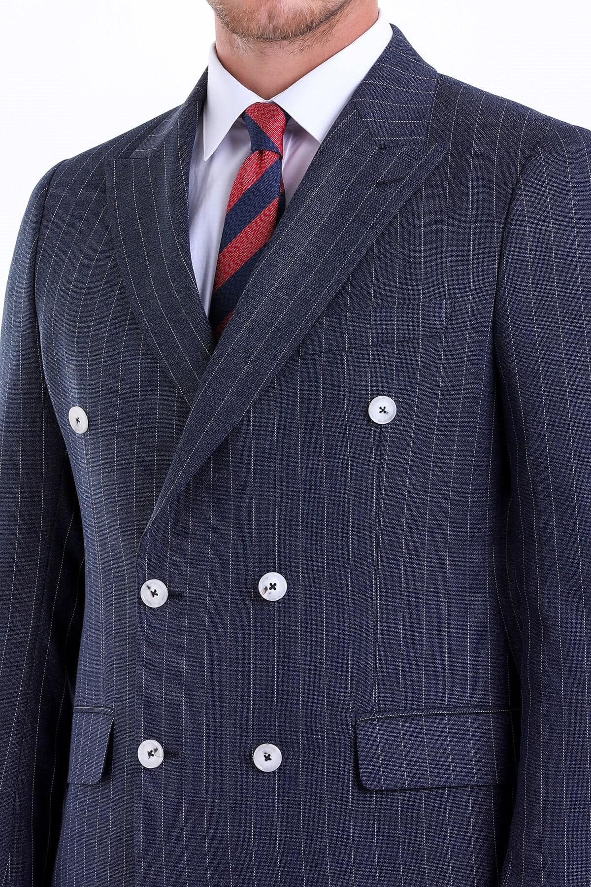 Slim Fit Double Breasted Pinstripe Navy Casual Suit - SAYKI