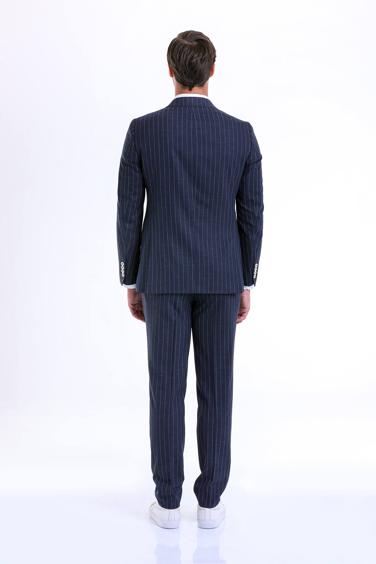 Slim Fit Double Breasted Pinstripe Navy Casual Suit - SAYKI