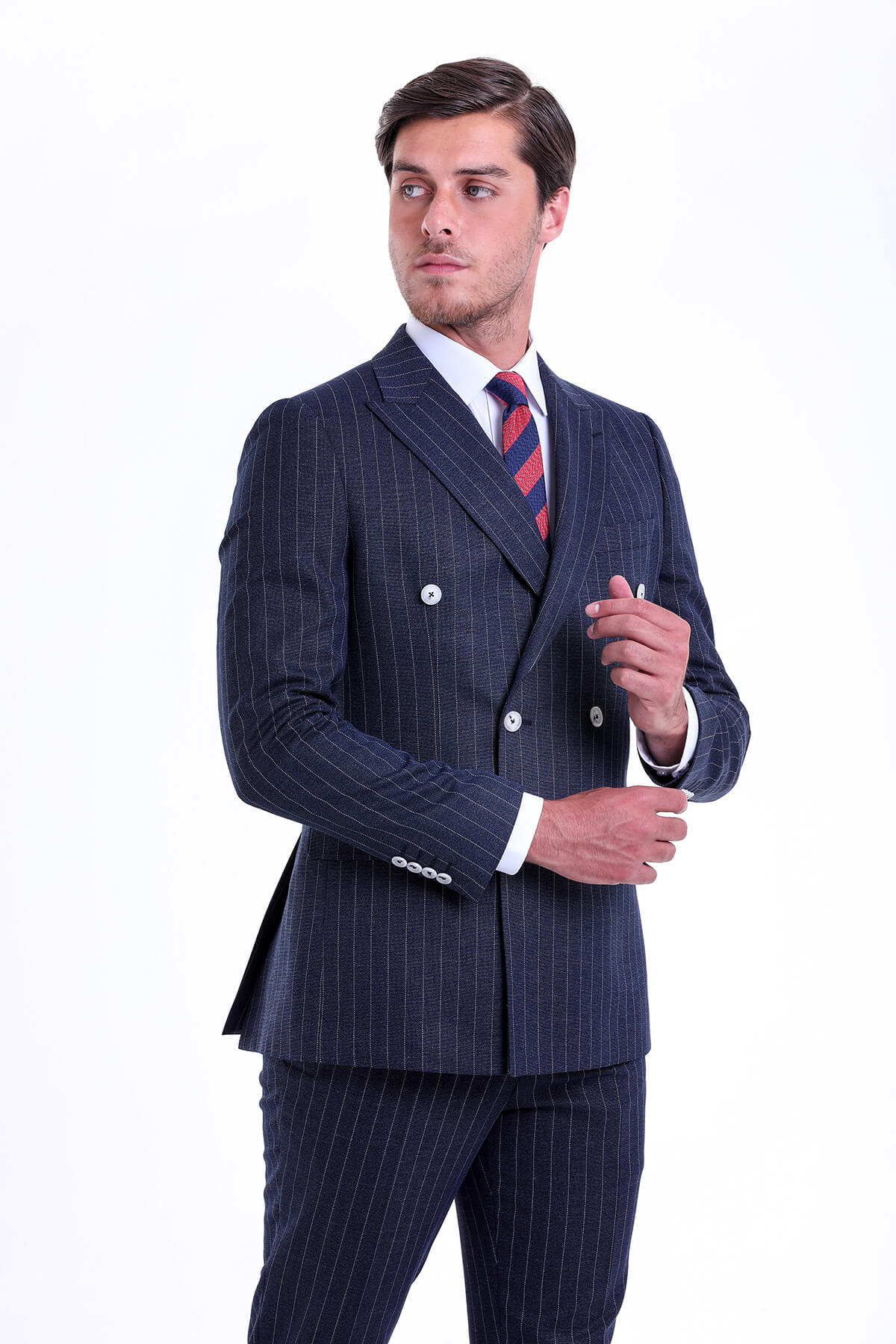 Slim Fit Double Breasted Pinstripe Navy Casual Suit - SAYKI