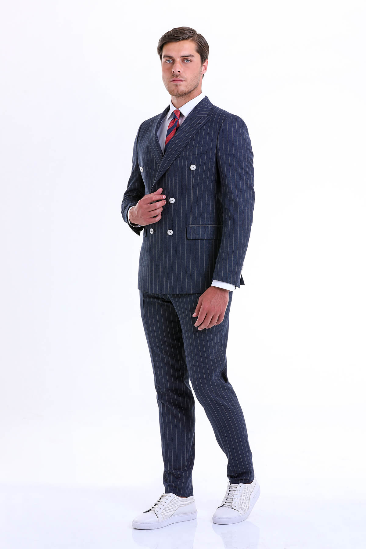 Slim Fit Double Breasted Pinstripe Navy Casual Suit - SAYKI