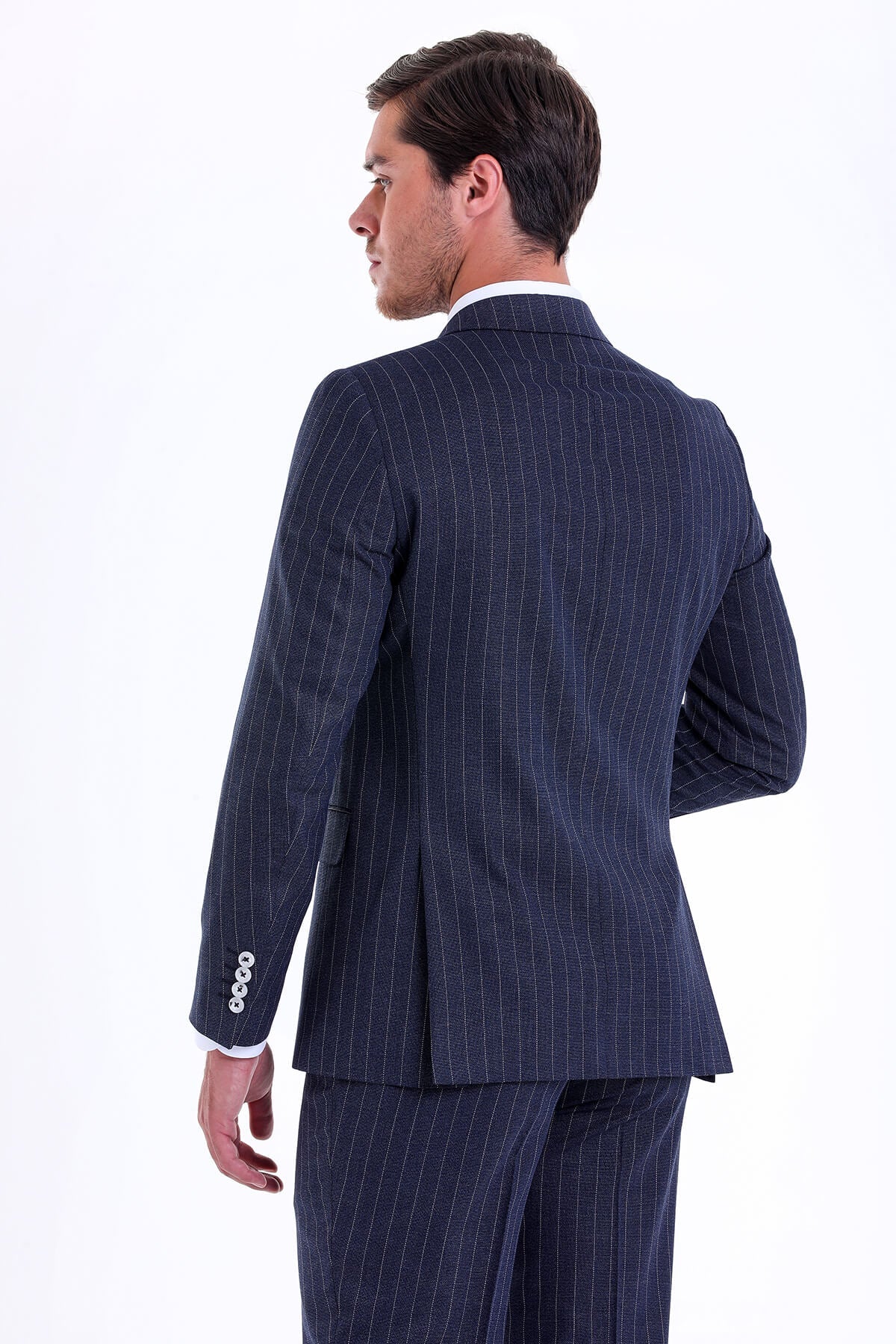 Slim Fit Double Breasted Pinstripe Navy Casual Suit - SAYKI