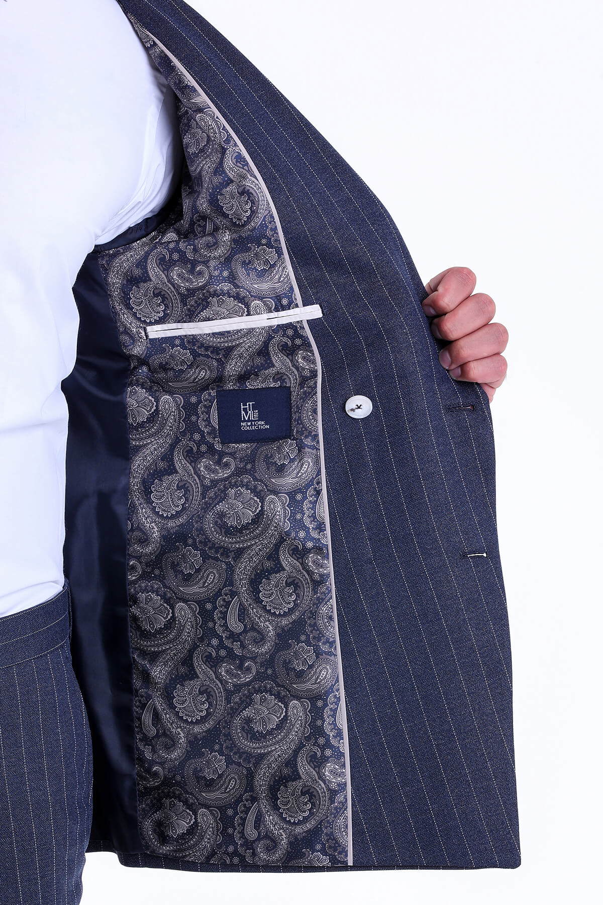 Slim Fit Double Breasted Pinstripe Navy Casual Suit - SAYKI