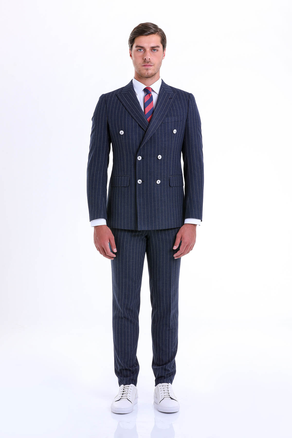 Slim Fit Double Breasted Pinstripe Navy Casual Suit - SAYKI