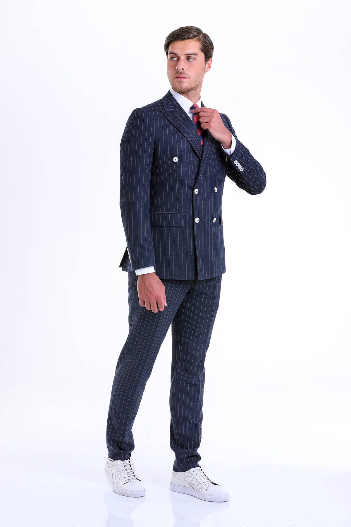 Slim Fit Double Breasted Pinstripe Navy Casual Suit - SAYKI