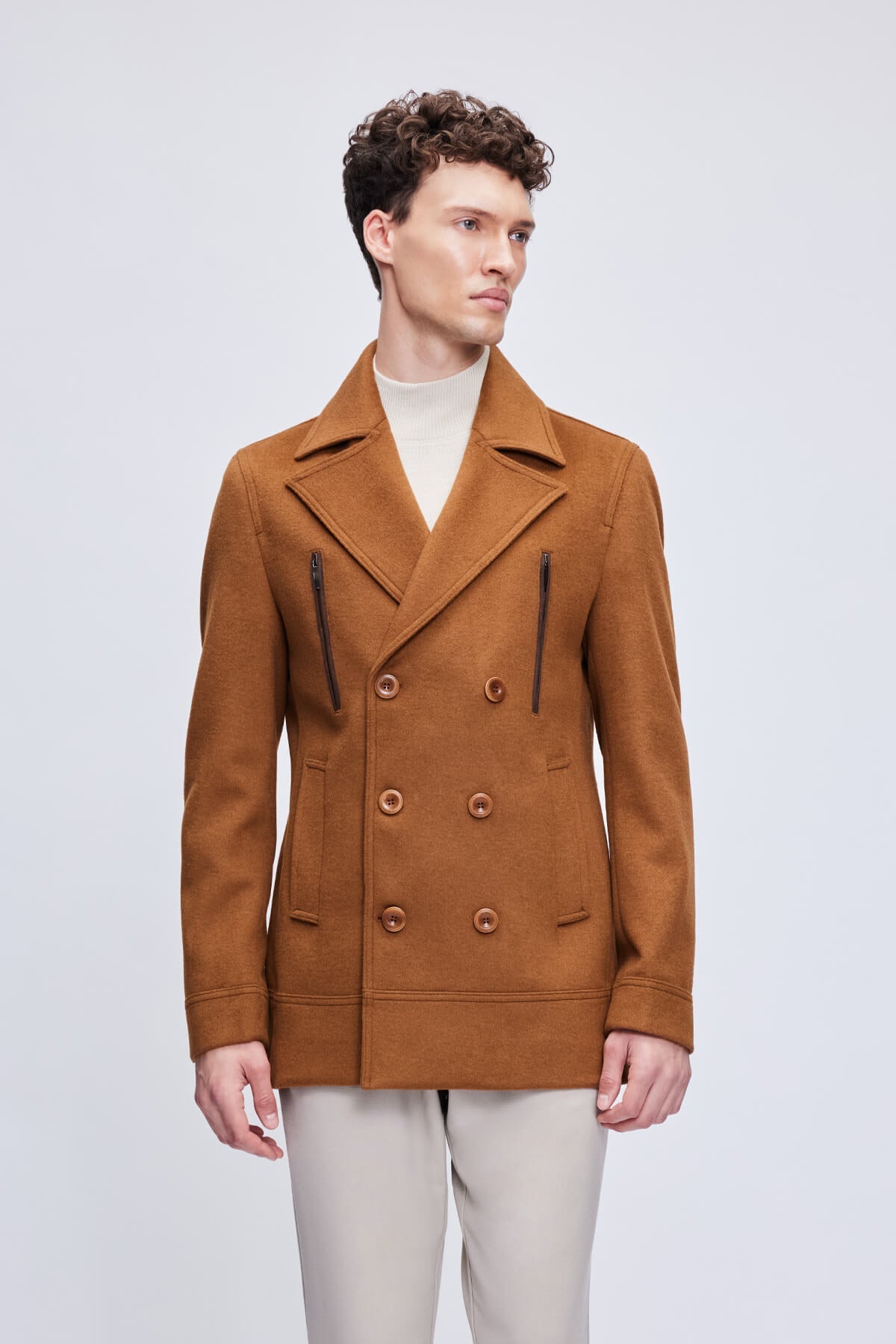 Slim Fit Double Breasted Wool Blend Camel Coat - SAYKI