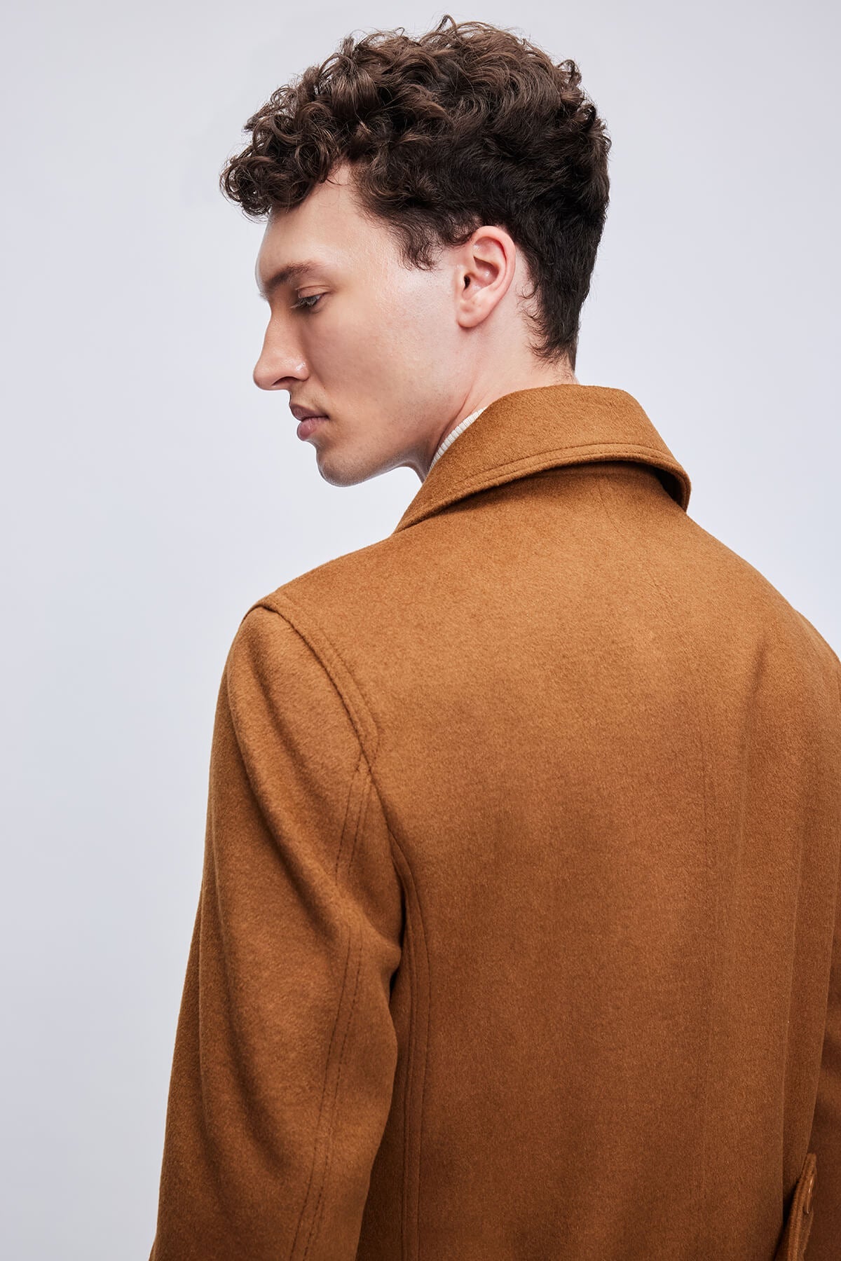 Slim Fit Double Breasted Wool Blend Camel Coat - SAYKI