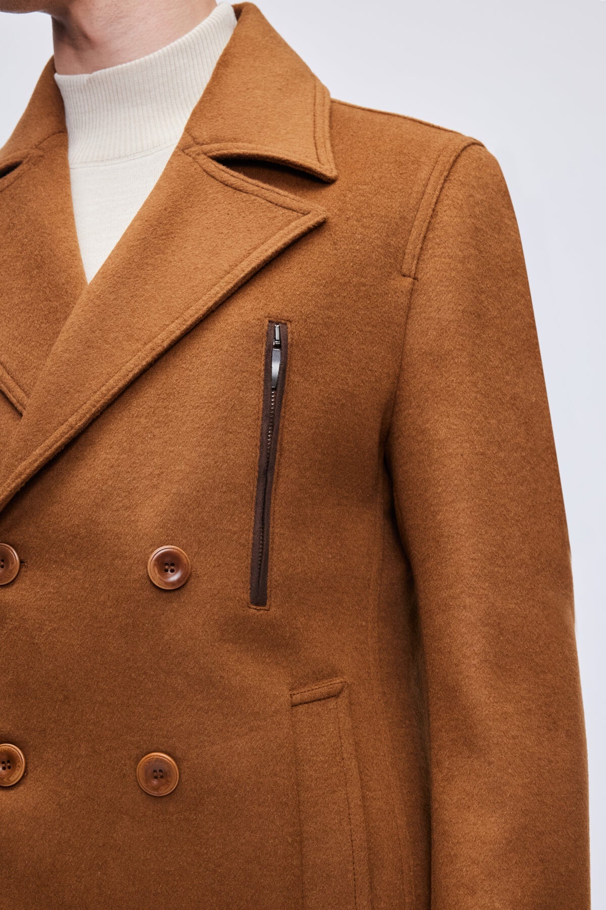 Slim Fit Double Breasted Wool Blend Camel Coat - SAYKI