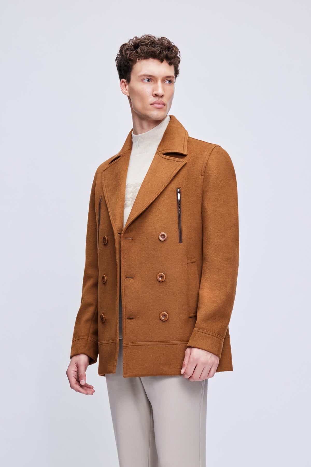 Slim Fit Double Breasted Wool Blend Camel Coat - SAYKI