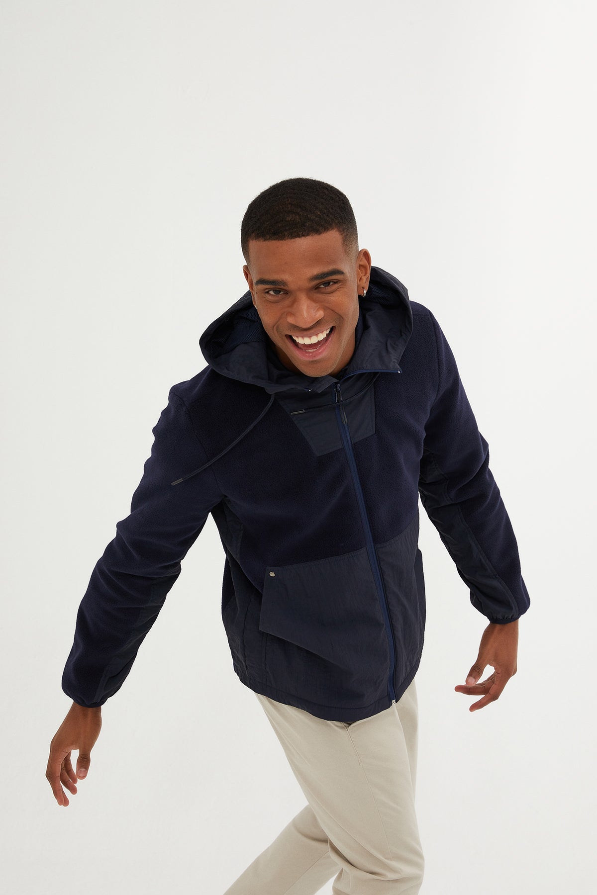Slim Fit Fleece Polar Casual Navy Hooded Coat - SAYKI