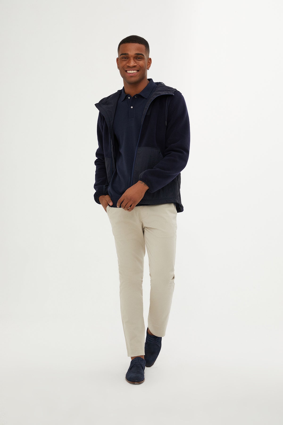 Slim Fit Fleece Polar Casual Navy Hooded Coat - SAYKI