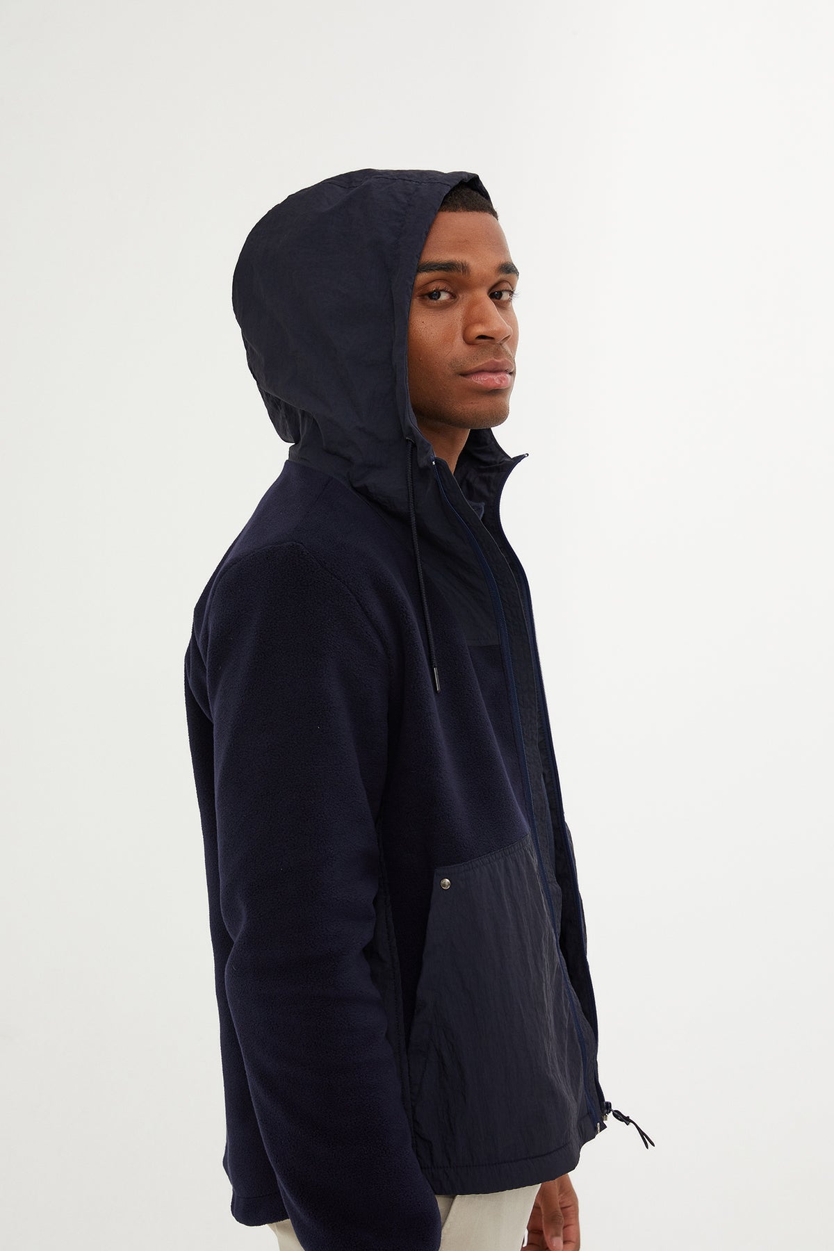 Slim Fit Fleece Polar Casual Navy Hooded Coat - SAYKI