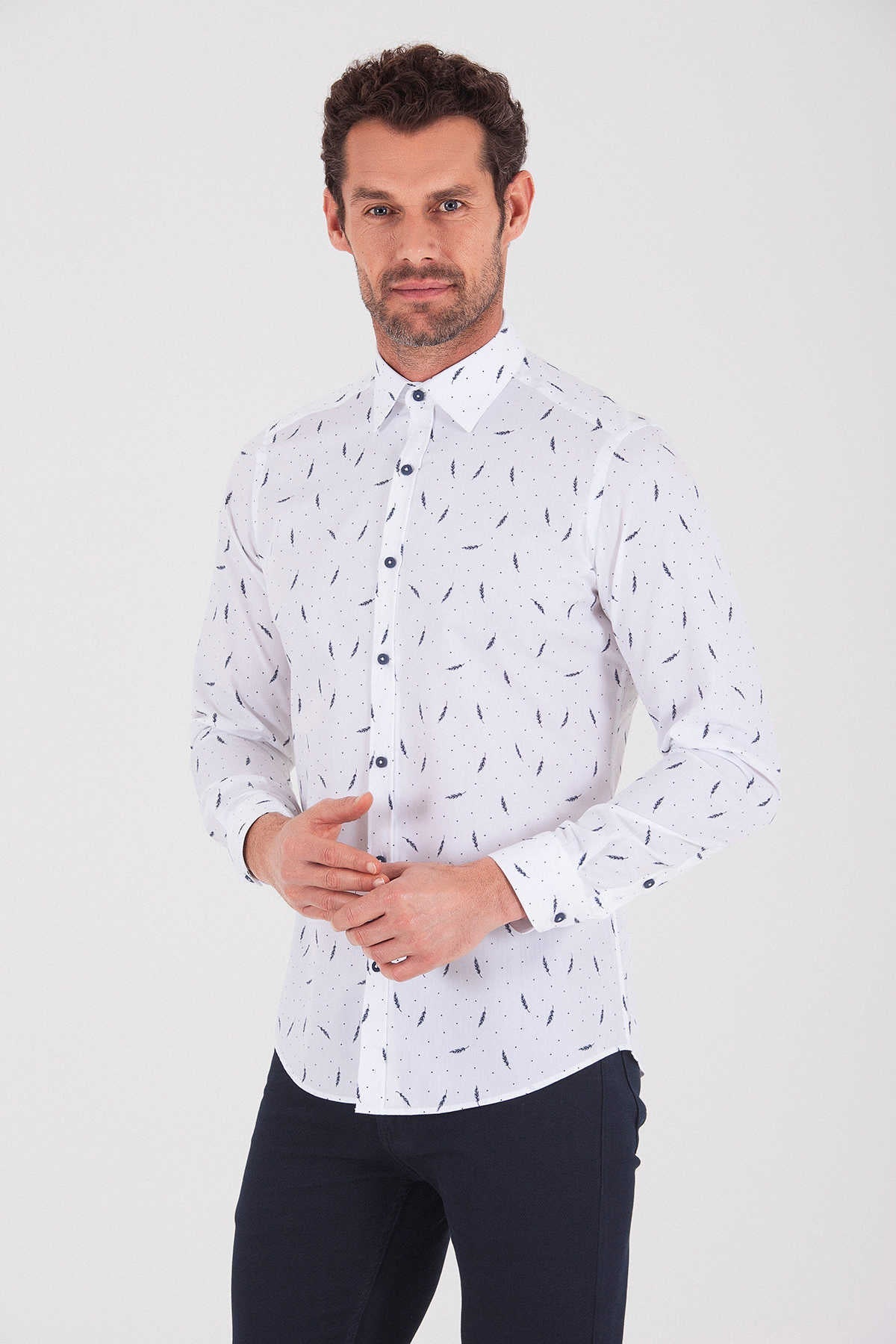 Slim Fit Floral Dot Printed Cotton Navy Casual Shirt - SAYKI