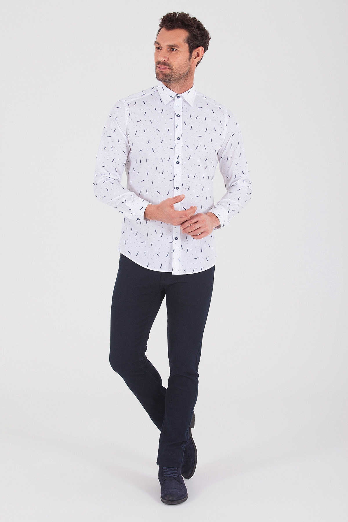 Slim Fit Floral Dot Printed Cotton Navy Casual Shirt - SAYKI