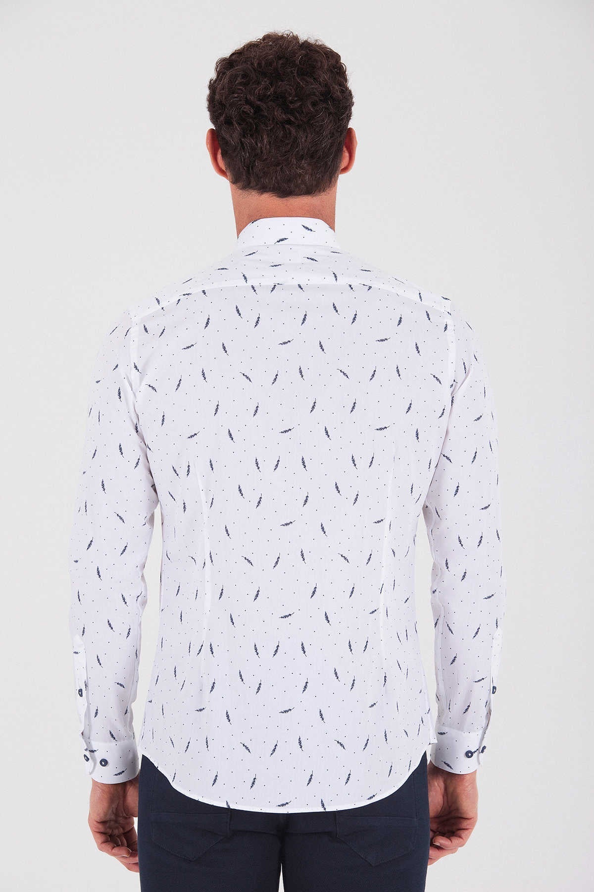 Slim Fit Floral Dot Printed Cotton Navy Casual Shirt - SAYKI