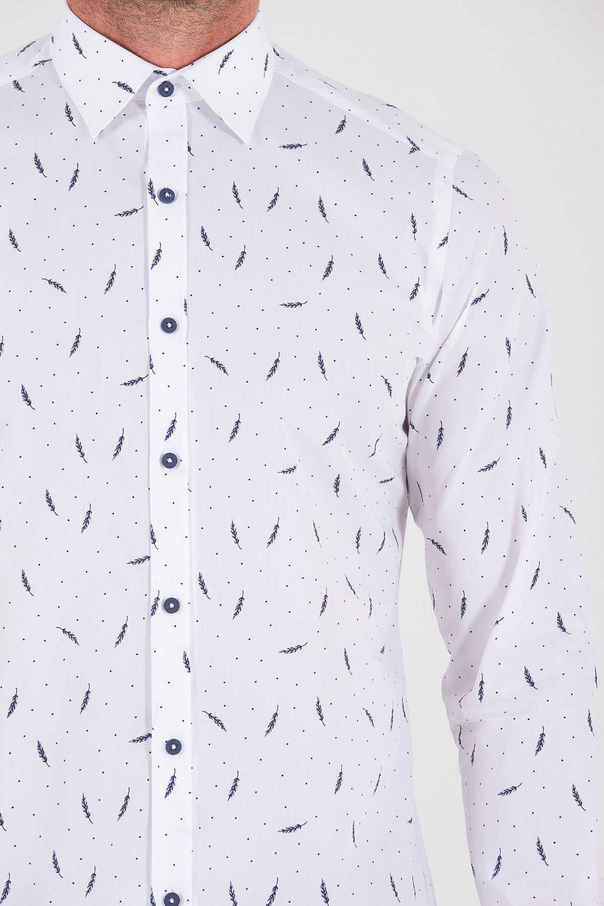 Slim Fit Floral Dot Printed Cotton Navy Casual Shirt - SAYKI