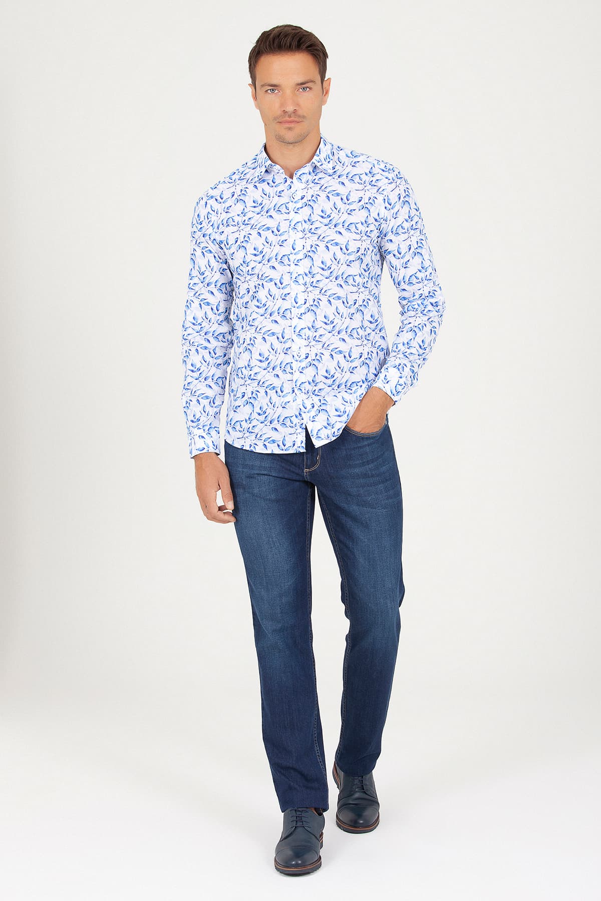 Slim Fit Floral Printed Cotton Blue Casual Shirt - SAYKI
