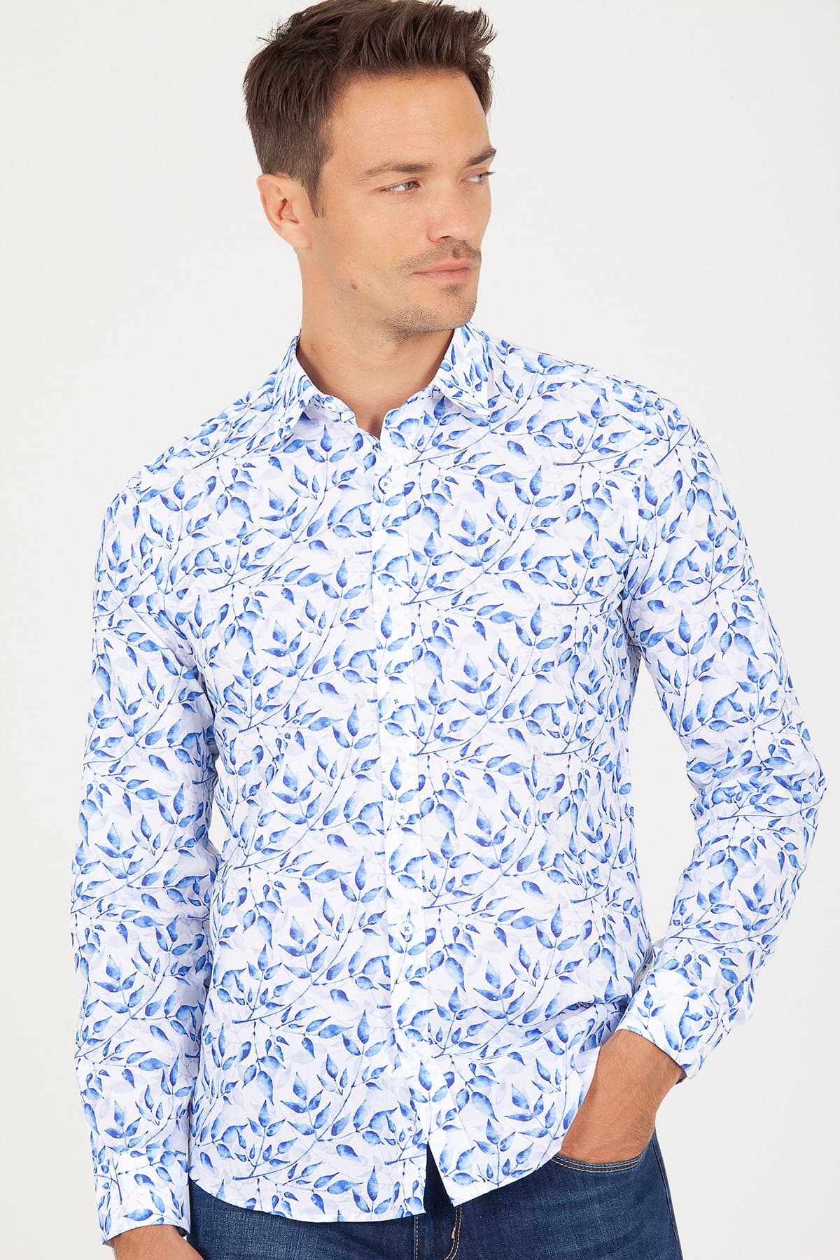 Slim Fit Floral Printed Cotton Blue Casual Shirt - SAYKI