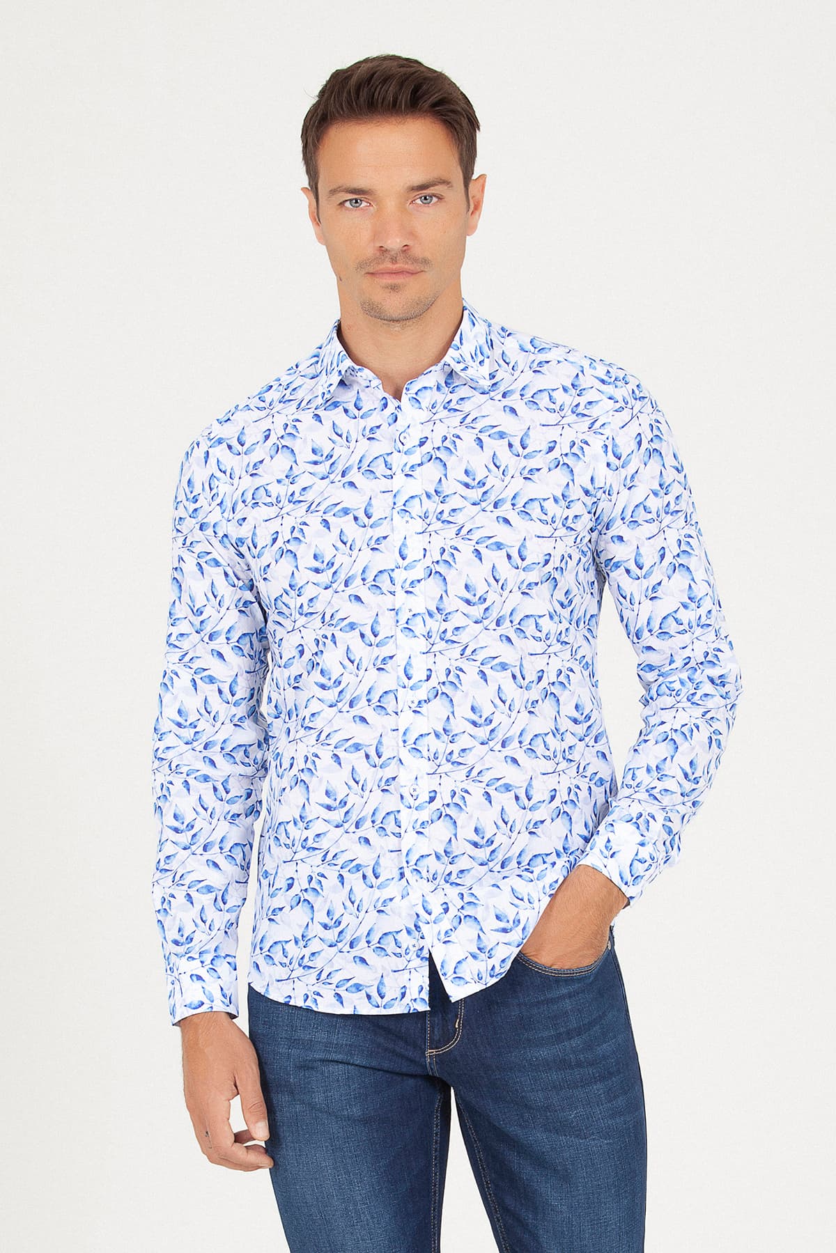 Slim Fit Floral Printed Cotton Blue Casual Shirt - SAYKI