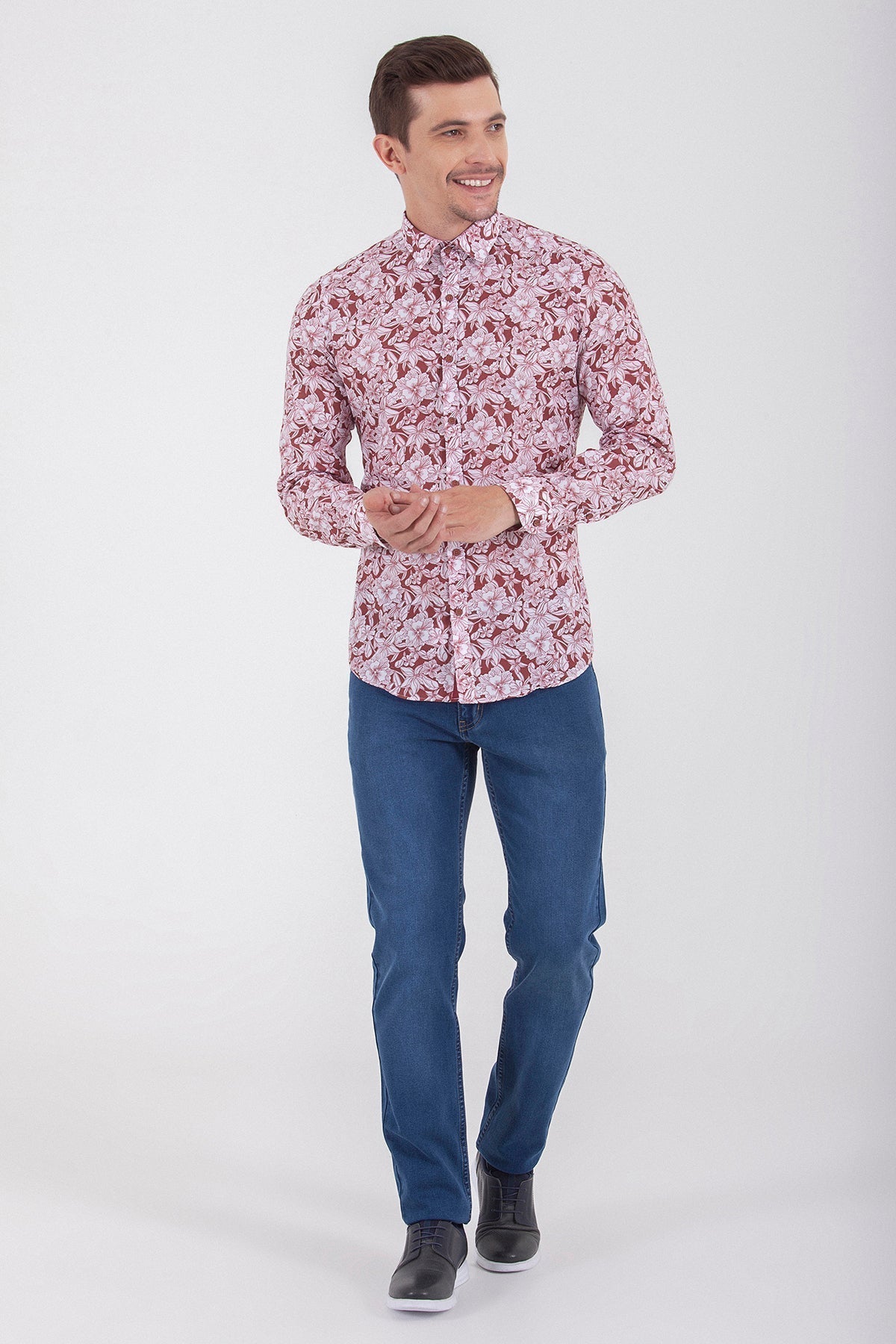 Slim Fit Floral Printed Cotton Burgundy Casual Shirt - SAYKI
