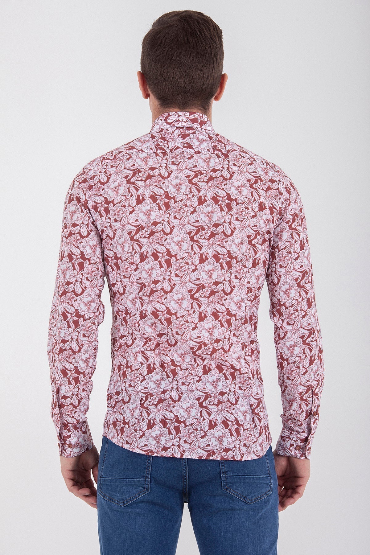 Slim Fit Floral Printed Cotton Burgundy Casual Shirt - SAYKI