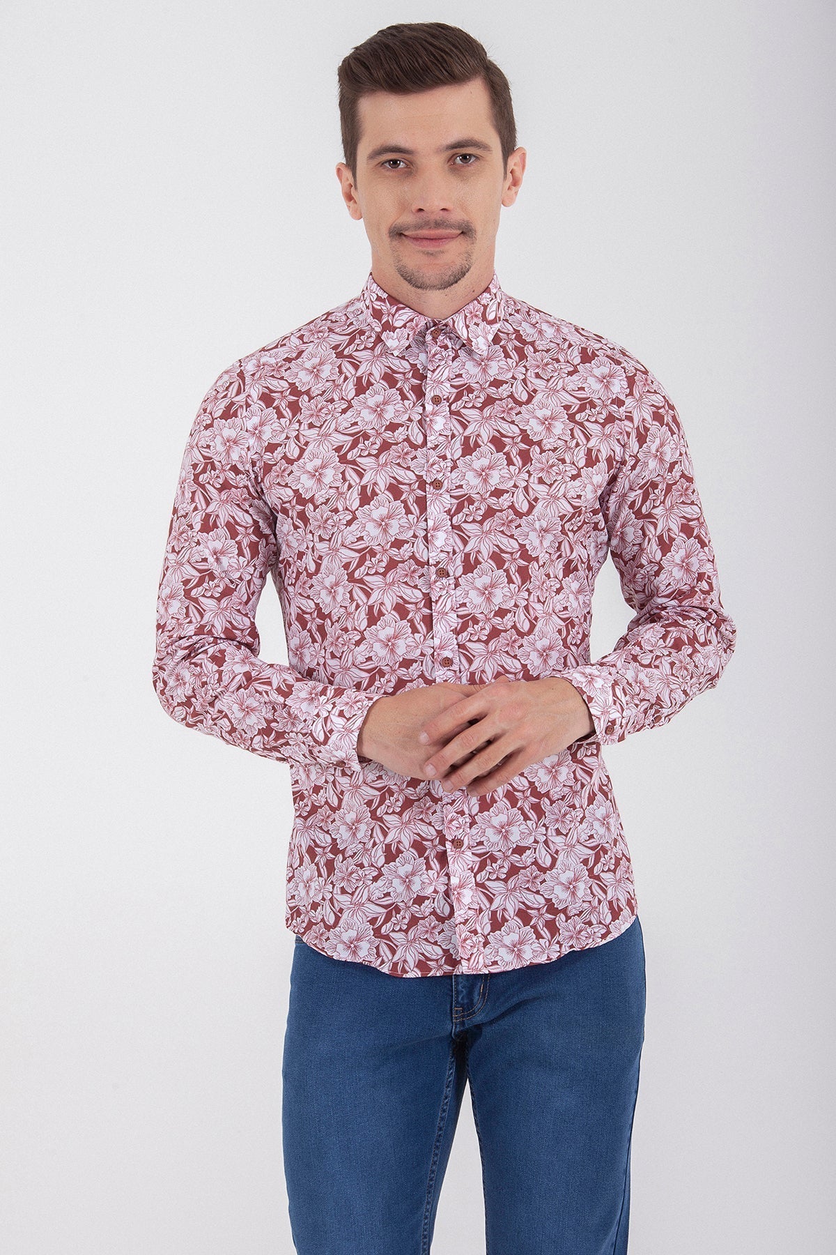 Slim Fit Floral Printed Cotton Burgundy Casual Shirt - SAYKI