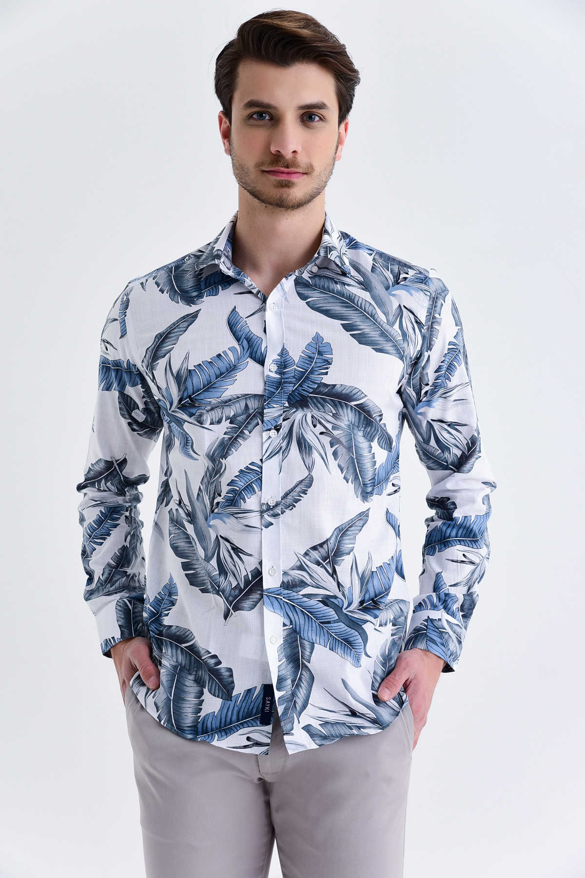 Slim Fit Floral Printed Cotton Gray Casual Shirt - SAYKI