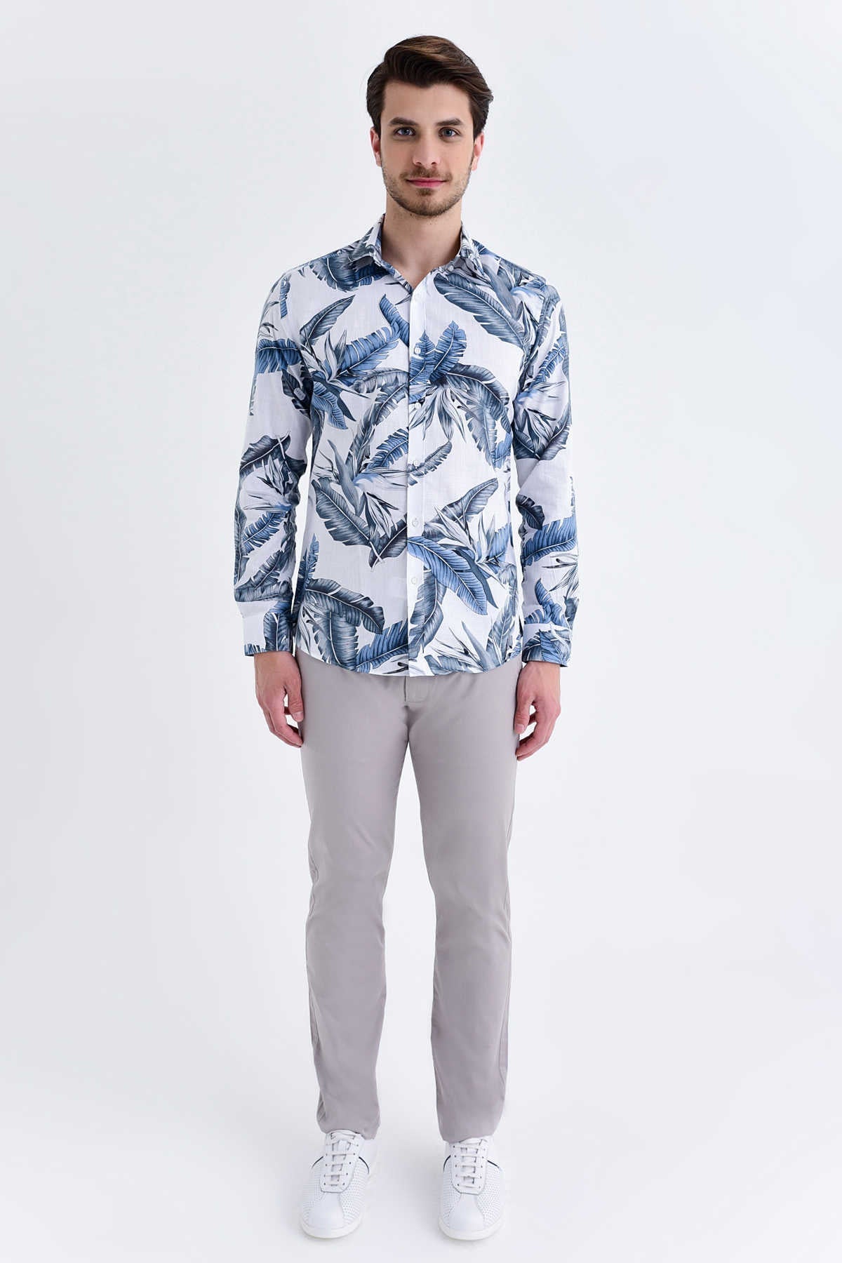 Slim Fit Floral Printed Cotton Gray Casual Shirt - SAYKI
