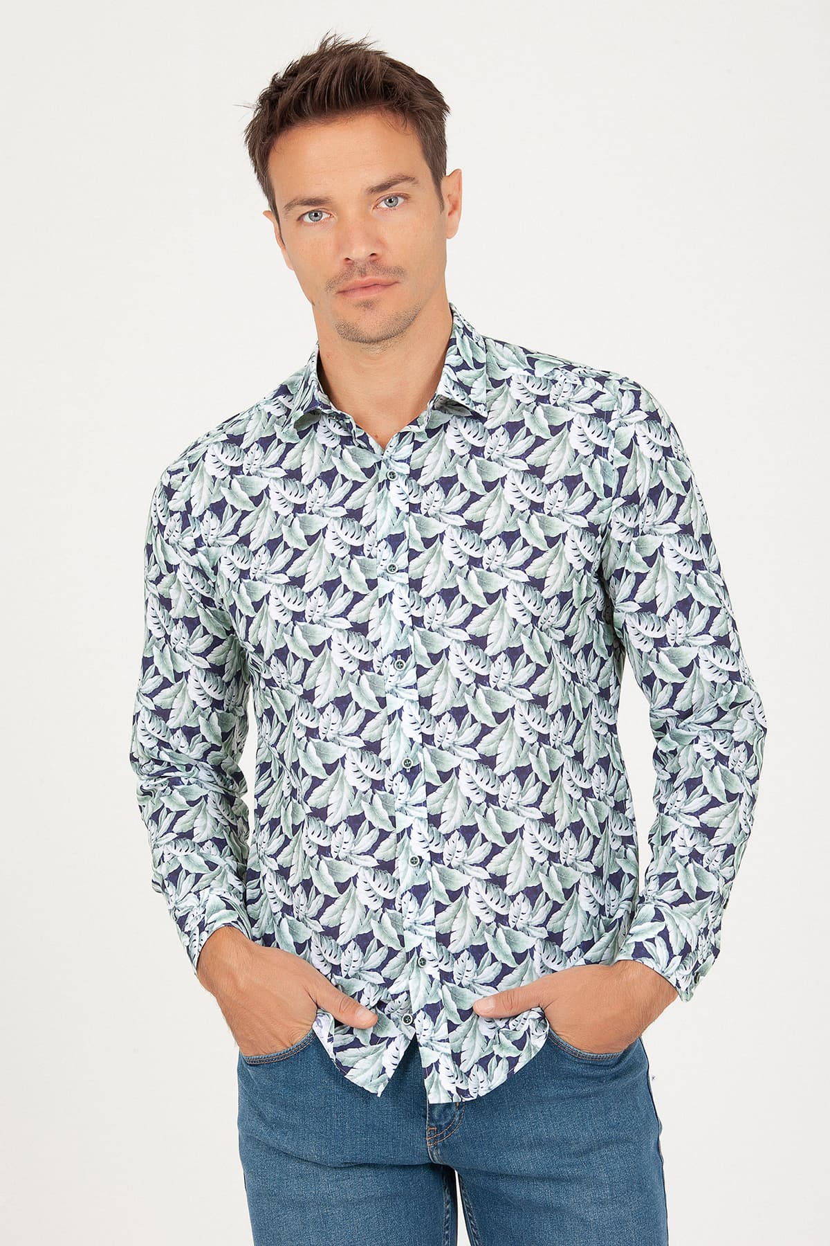 Slim Fit Floral Printed Cotton Green Casual Shirt - SAYKI