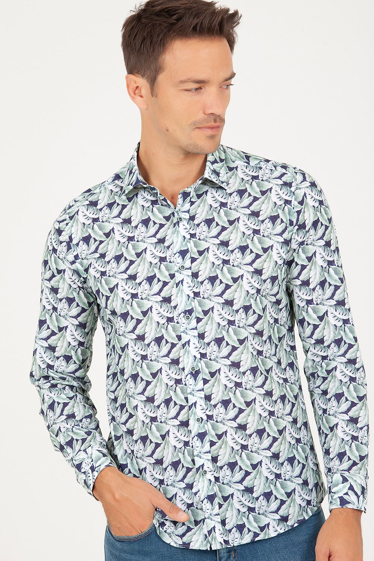 Slim Fit Floral Printed Cotton Green Casual Shirt - SAYKI