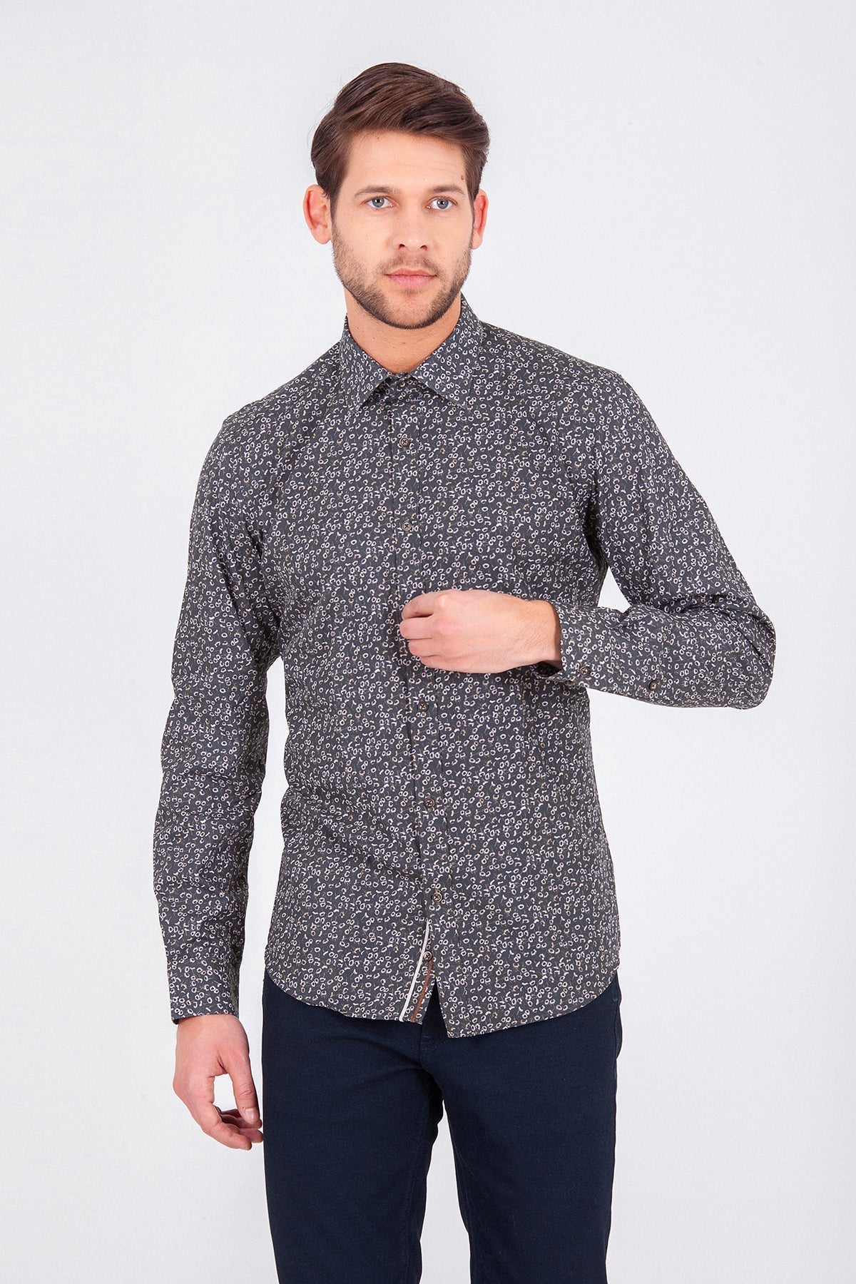 Slim Fit Floral Printed Cotton Khaki Casual Shirt - SAYKI