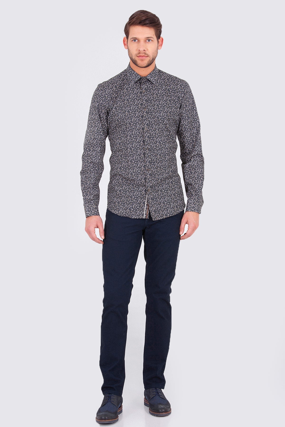 Slim Fit Floral Printed Cotton Khaki Casual Shirt - SAYKI