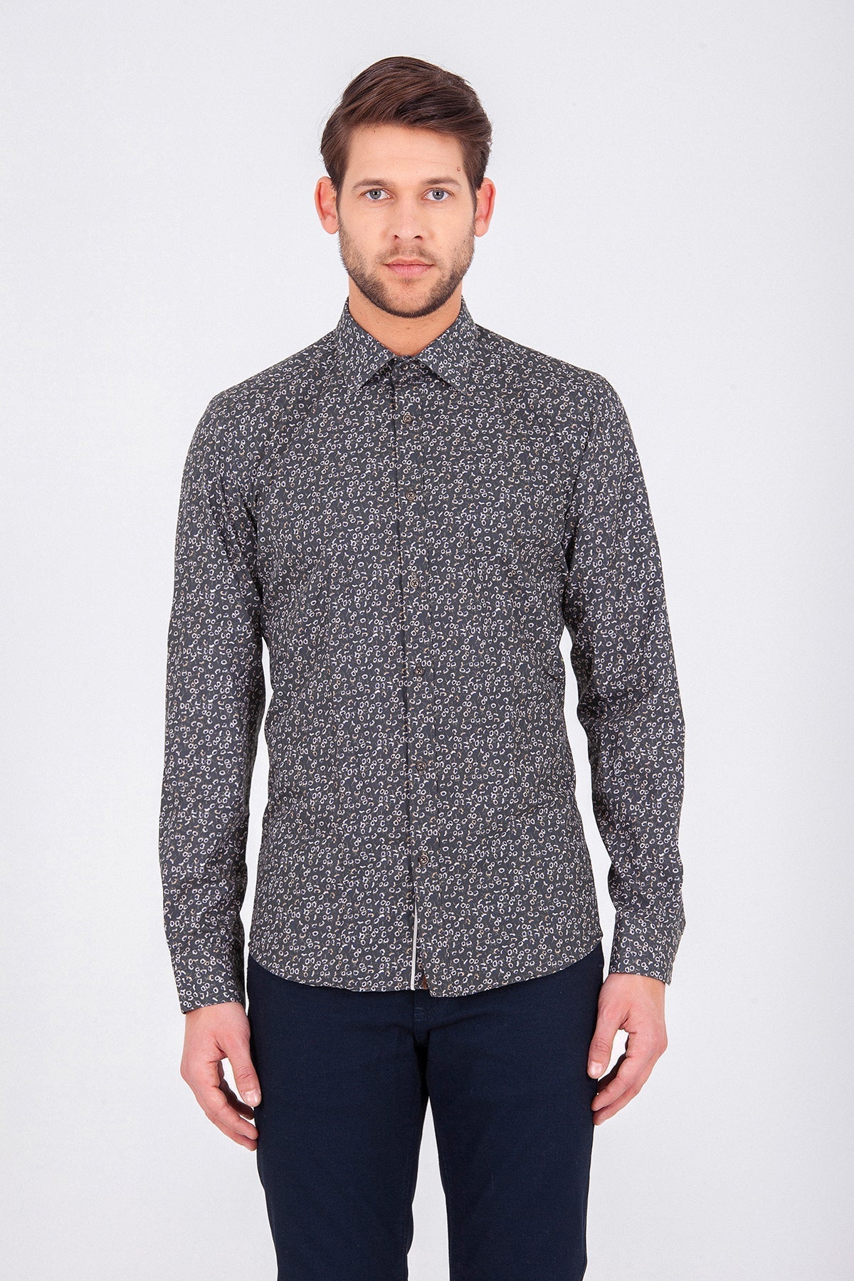 Slim Fit Floral Printed Cotton Khaki Casual Shirt - SAYKI