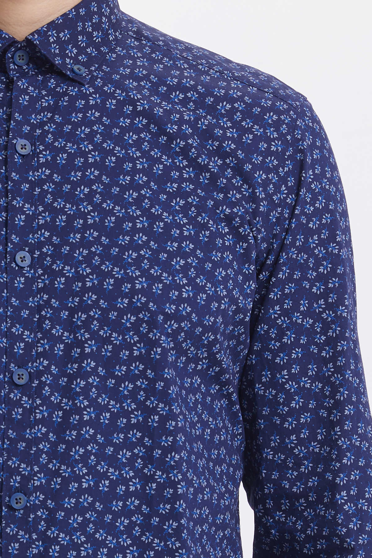 Slim Fit Floral Printed Cotton Navy Casual Shirt - SAYKI