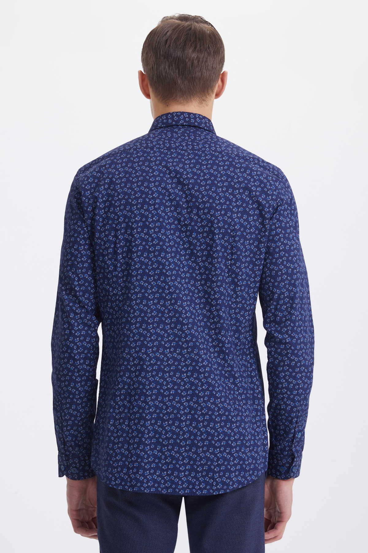 Slim Fit Floral Printed Cotton Navy Casual Shirt - SAYKI