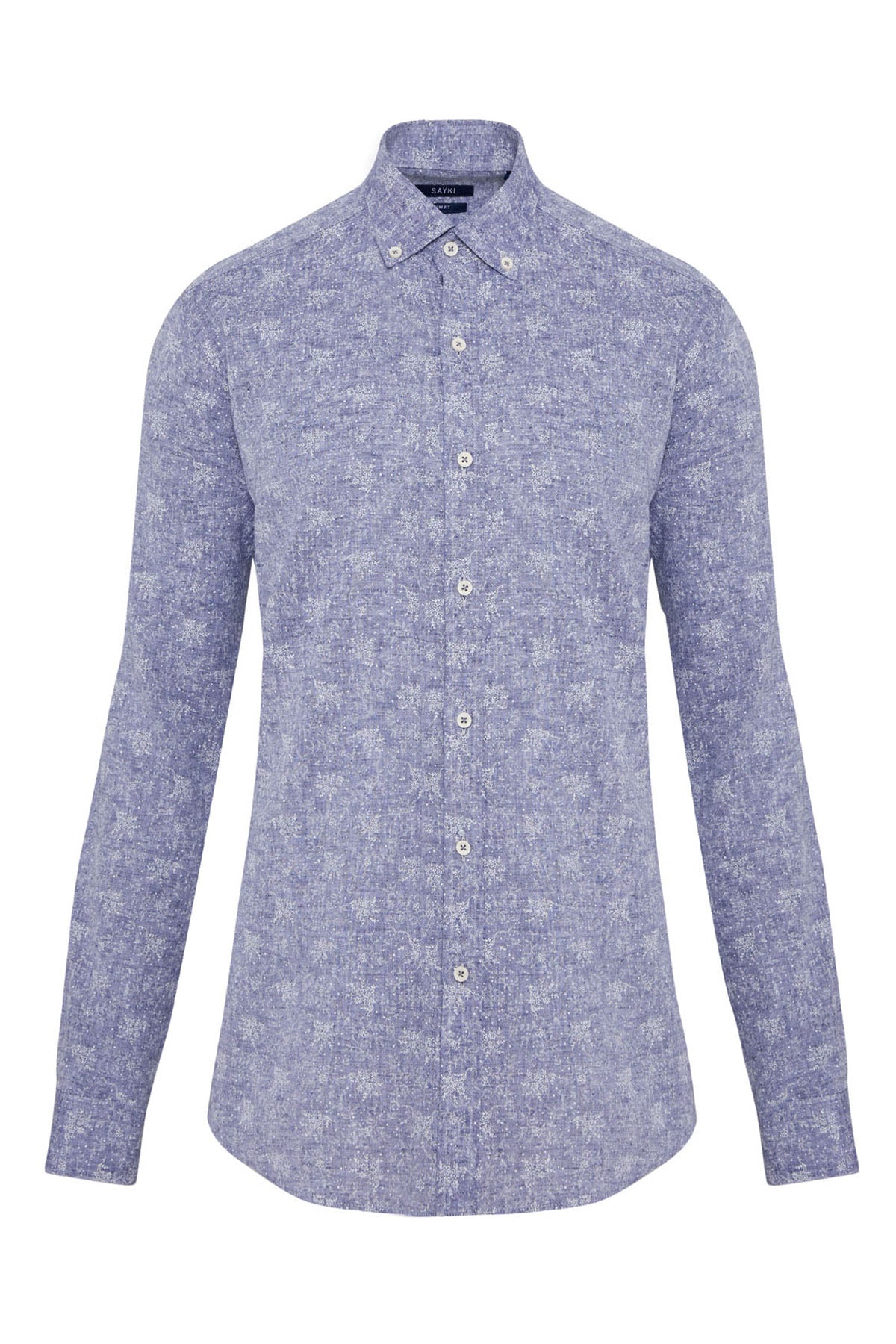 A men’s long-sleeved button-down shirt in a subtle blue and white patterned fabric, featuring a classic collar and neatly stitched cuffs.
