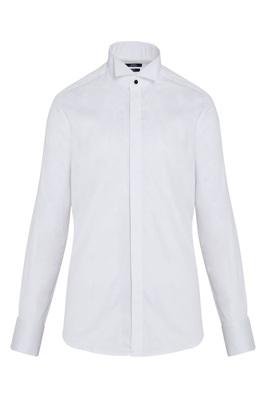 White men’s formal shirt with a crisp, tailored fit and black button accents at the collar.